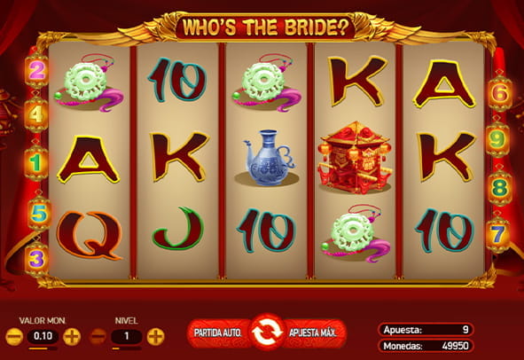 El tablero de la tragaperras Who's the Bride con sus cinco rodillos y tres filas para casinos online. 