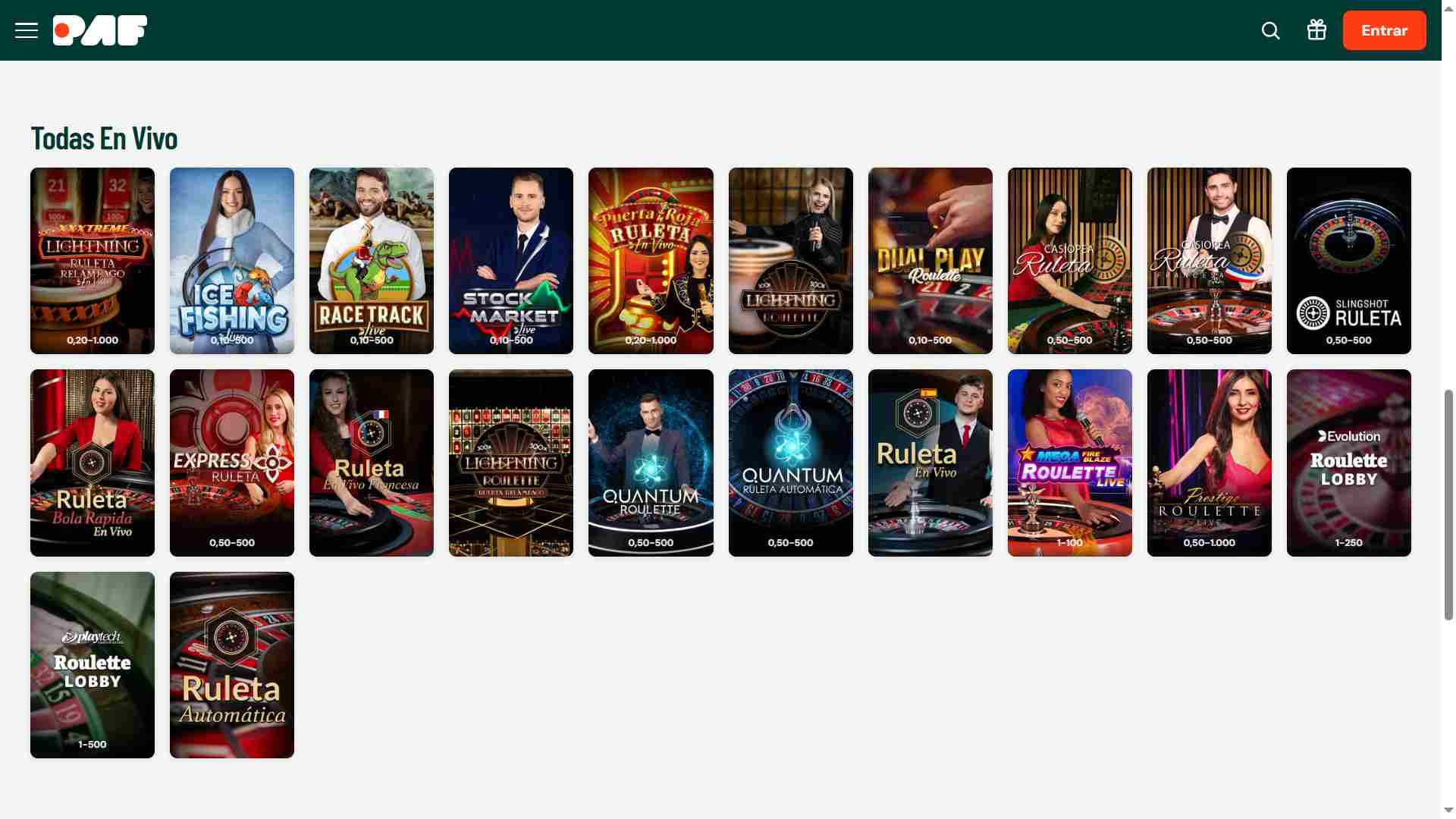 Todos los juegos en vivo en Paf