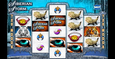 Tragaperras Siberian Storm con sus cinco rodillos y tres filas.