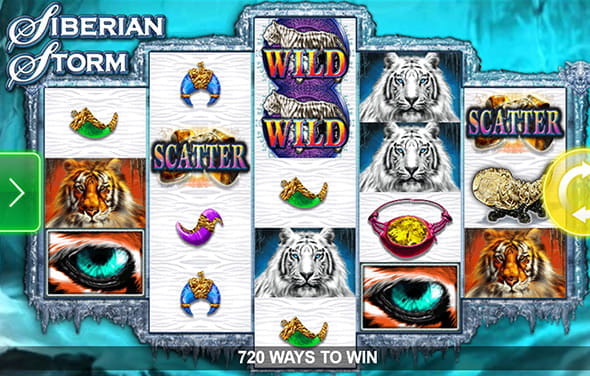 Portada de la slot Siberian Storm con sus símbolos especiales en tres filas y cinco rodillos.