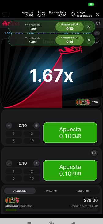 Dos apuestas de 0,10 € cobradas en una ronda de Aviator en la app móvil de Betway