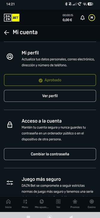 Sección «Mi cuenta» de DAZN Bet con el perfil verificado en estado «Aprobado»