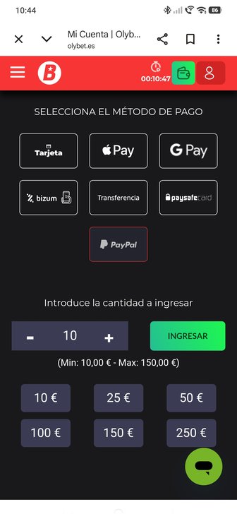Pantalla de depósito de OlyBet en el móvil con PayPal seleccionado y un importe de 10 €